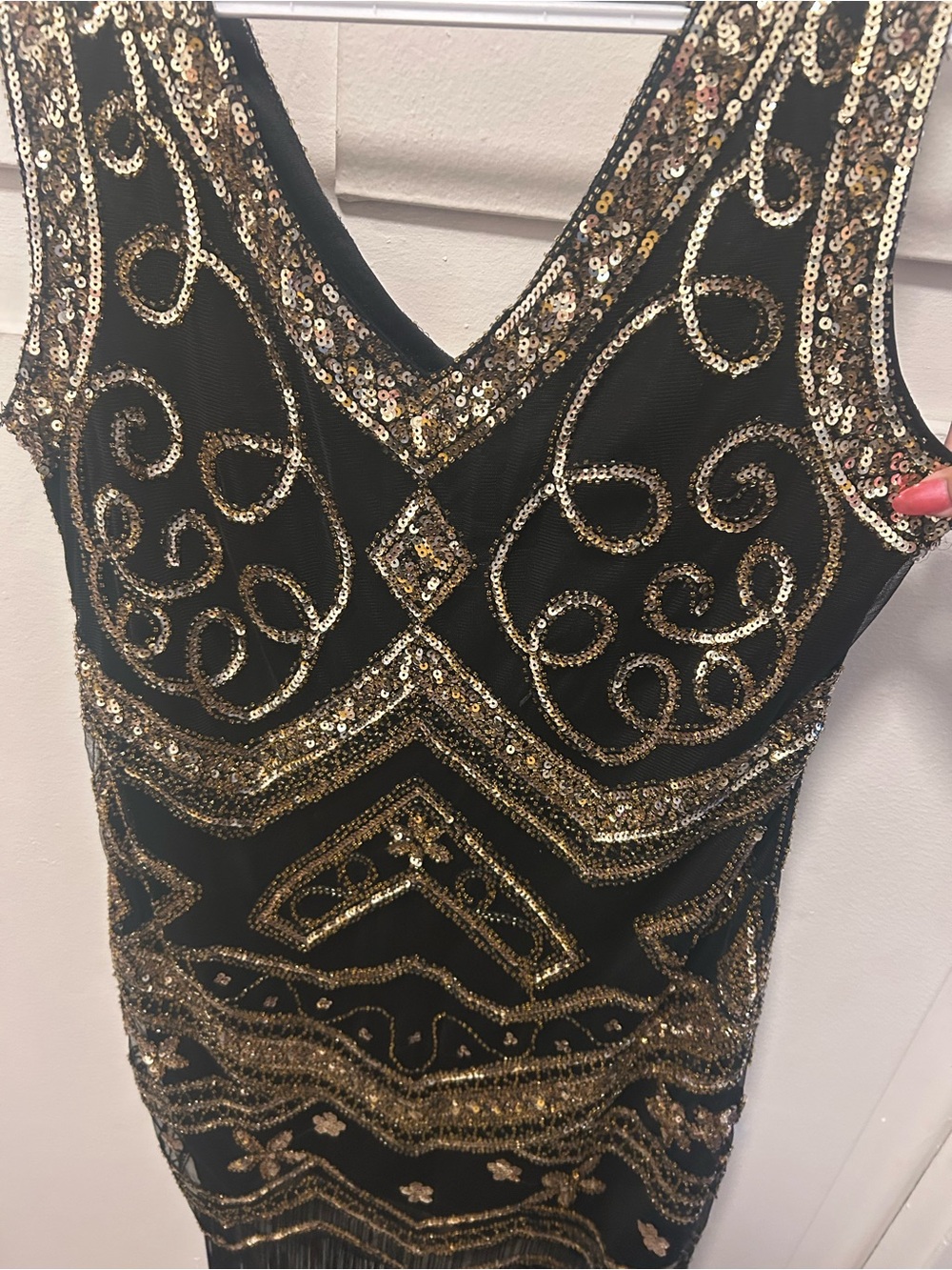 Black Beaded Fringe V-Neck Evening Dress - Picture 8 of 11